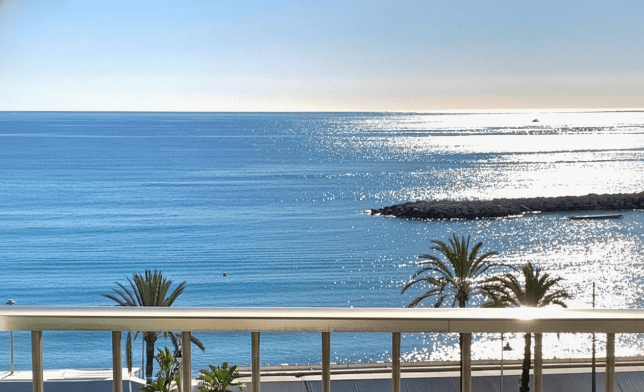 Wide Mediterranean sea view from the apartment balcony with palm trees and seafront below
