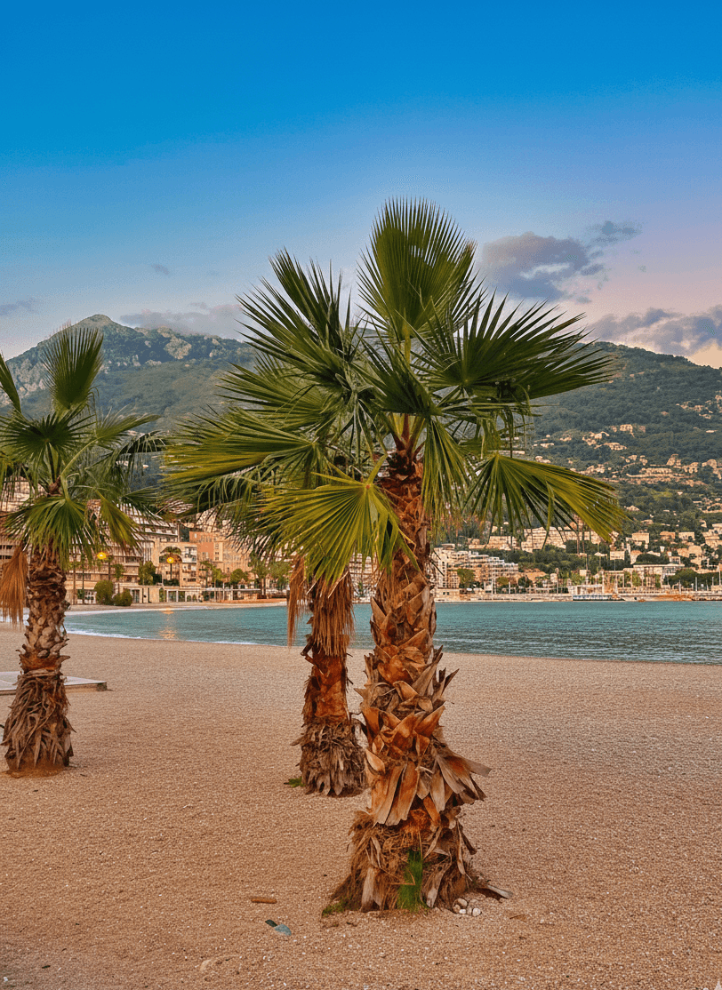 Nearby beach in Menton with palm trees and the Mediterranean sea