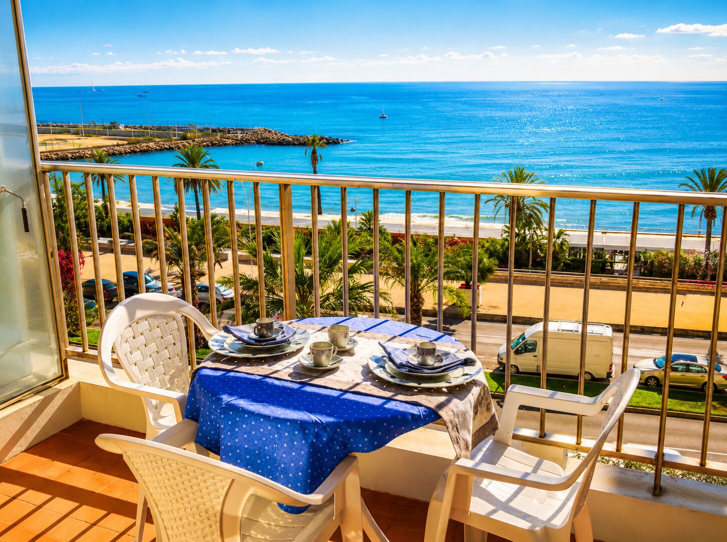 Private balcony breakfast table with Mediterranean sea view in Menton